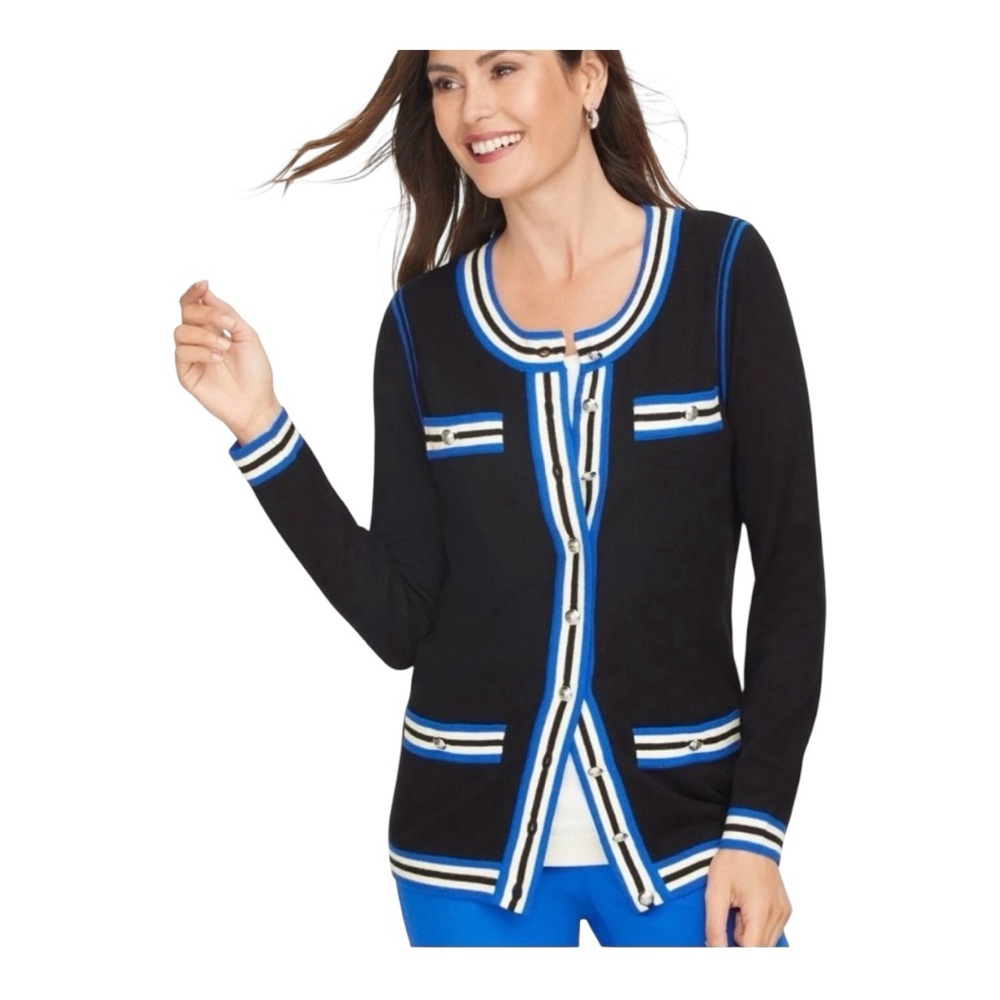 Talbots Black Cardigan with Blue/White Stripes, P2P:19”, L:26.5”